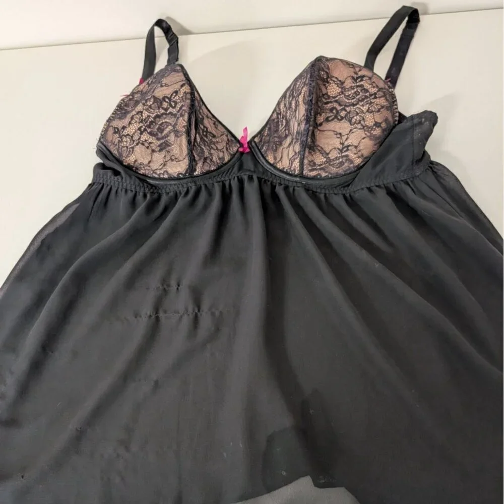 Cacique Lace Floral Babydoll Lingerie Womens Size 40DD Black Underwire Nightgown